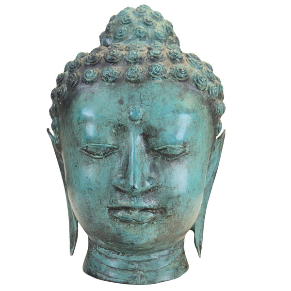 Türkis patinierter Buddha-Kopf aus Bronze – Thai U Thong Stil 26,5 cm