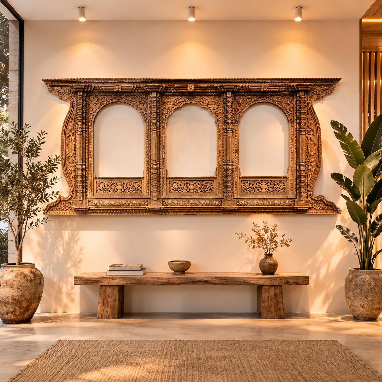 Exklusive Wanddekoration für Yogastudios: Großes Buddha-Portal aus Teakholz, 365 cm
