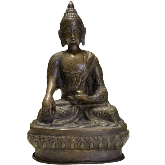 Vorderansicht einer authentischen, handgefertigten Buddha-Statue aus Bronze.