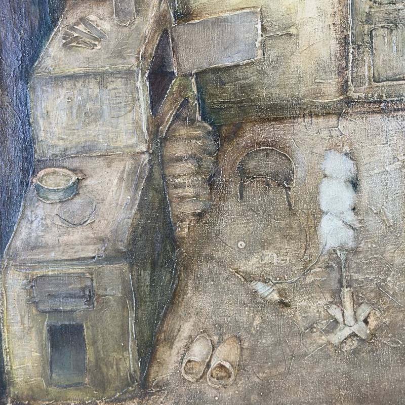 Atmosphärisches, wandfüllendes Gemälde eines antiken Bauernhausinterieurs mit starker Textur und einer ruhigen, nostalgischen Ausstrahlung.