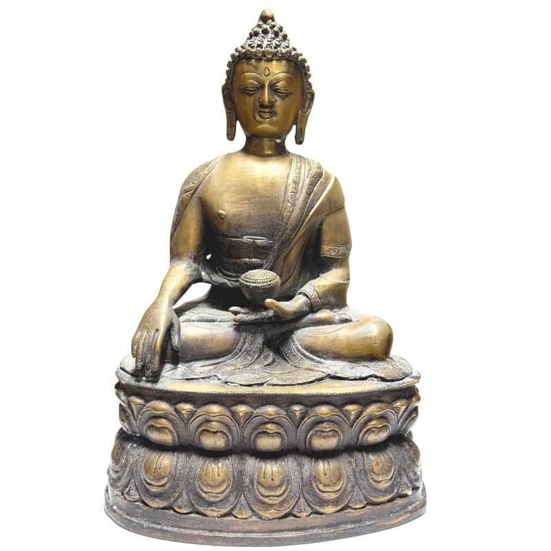 Feuervergoldeter nepalesischer Buddha aus dem 18. Jahrhundert, sitzend auf einem doppelten Lotusthron