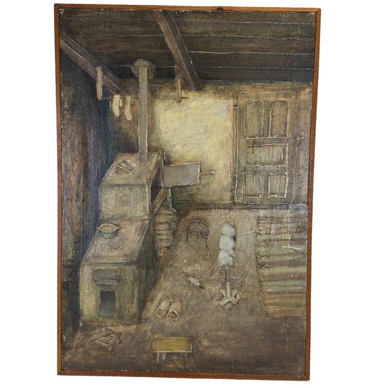 Authentisches Ölgemälde von Pavao Mlinarić, das ein rustikales kroatisches Bauerninterieur und einen traditionellen Ofen darstellt.