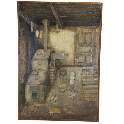 Authentisches Ölgemälde von Pavao Mlinarić mit einem rustikalen kroatischen Bauerninterieur und einem traditionellen Ofen.