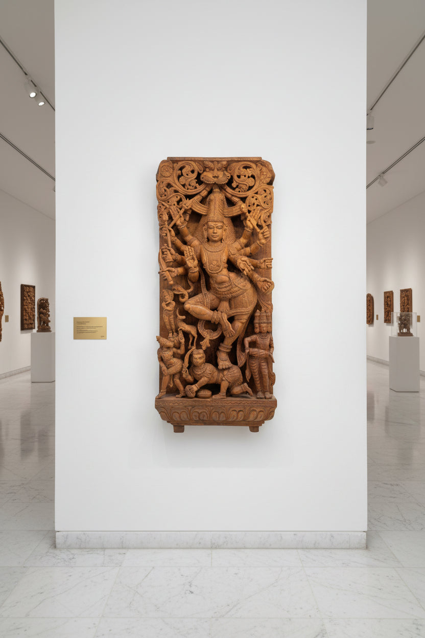 Ein historisches südindisches Holztempelrelief von Shiva Nataraja, das in einem musealen Kontext ausgestellt wird.