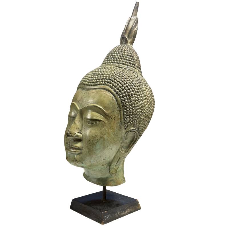 Thailändischer Bronzeguss eines Buddha-Kopfes in Sukhothai-Flammenform, Ushnisha