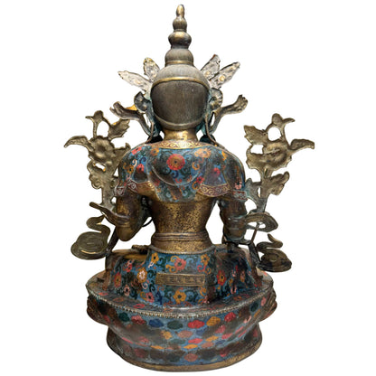 Weiße Tara Lotusthron, vergoldete Bronze, Cloisonné‑Emaille, 80 cm, monumental, antik