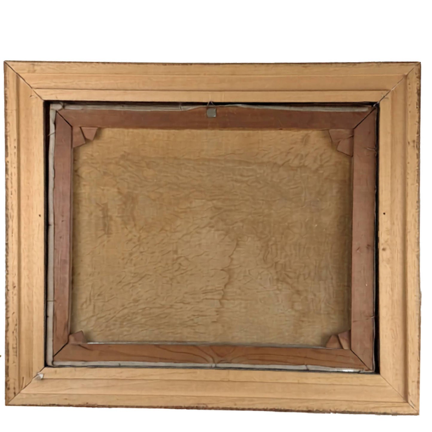 Die originale Rückseite des 53x63 cm großen Leinenbildes von R. Doorn mit oxidiertem Holzkeilrahmen, Eckkeilen und Rahmen.