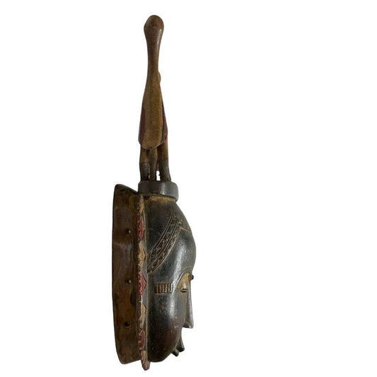 Das handgeschnitzte Innere der 51 cm hohen afrikanischen Baule-Maske mit nachgewiesener öliger Patina und dem originalen hölzernen Beißblock.