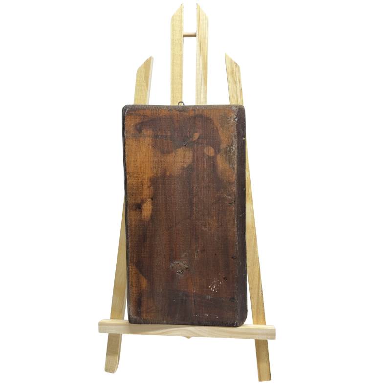 Rückseite der handgeschnitzten Holzikonentafel mit Altersspuren und Wurmlöchern zur Bestätigung der Echtheit.