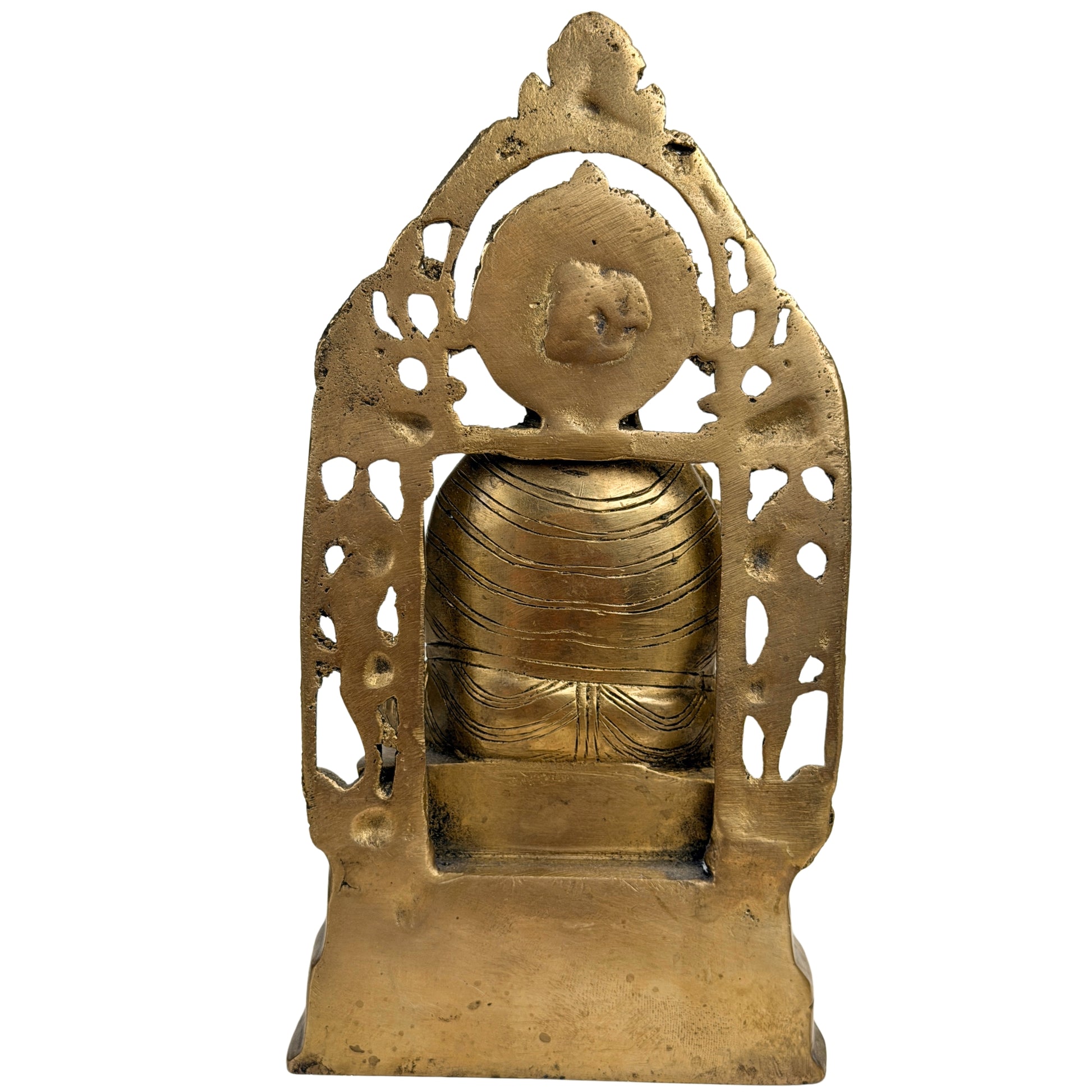 Rückseite der indischen Buddhafigur mit gravierten Gewandlinien und gegossenem Torbogen