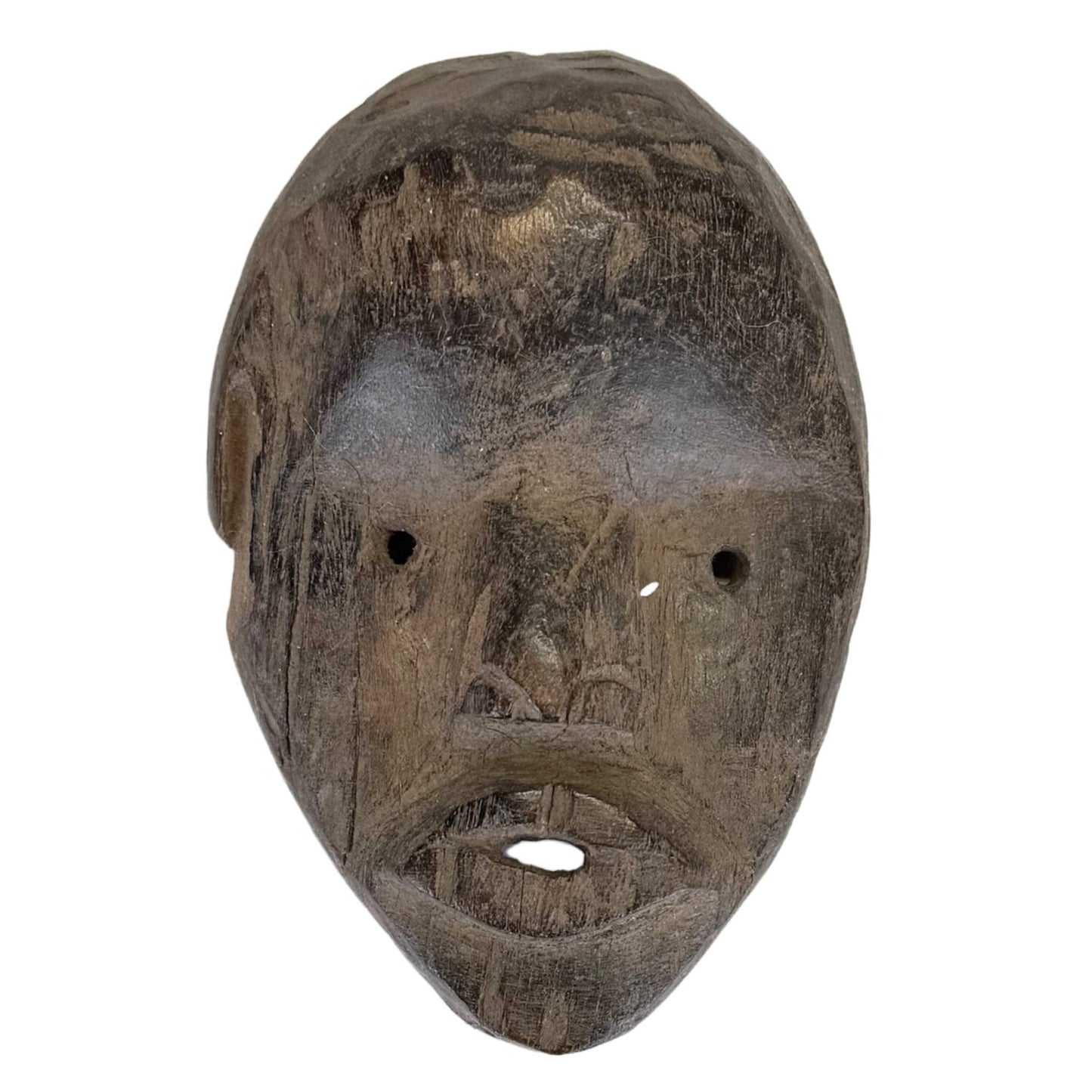 Alte, handgeschnitzte afrikanische Holzmaske mit dunkler Patina und Stammesmuster