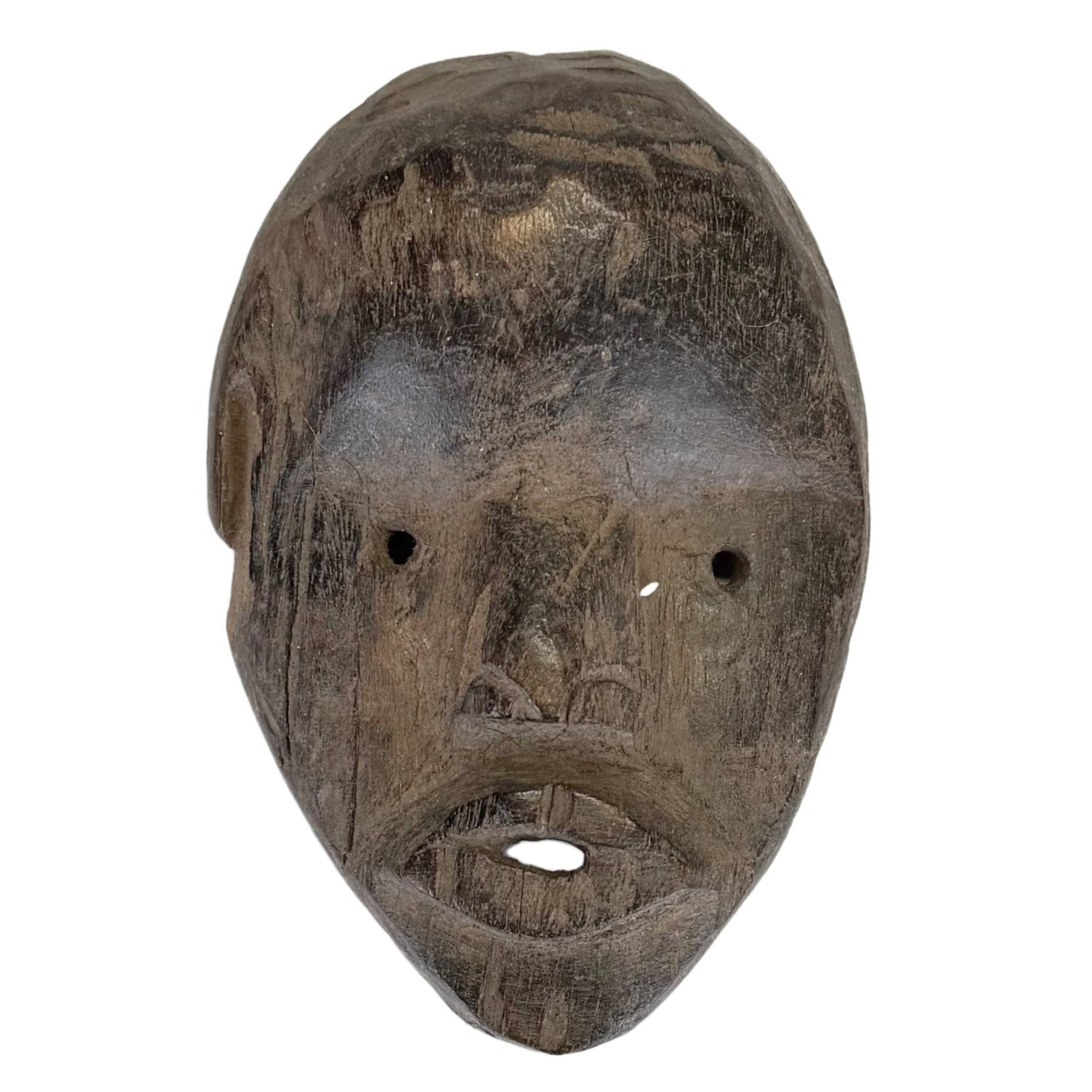 Alte handgeschnitzte afrikanische Holzmaske mit dunkler Patina und tribalem Aussehen