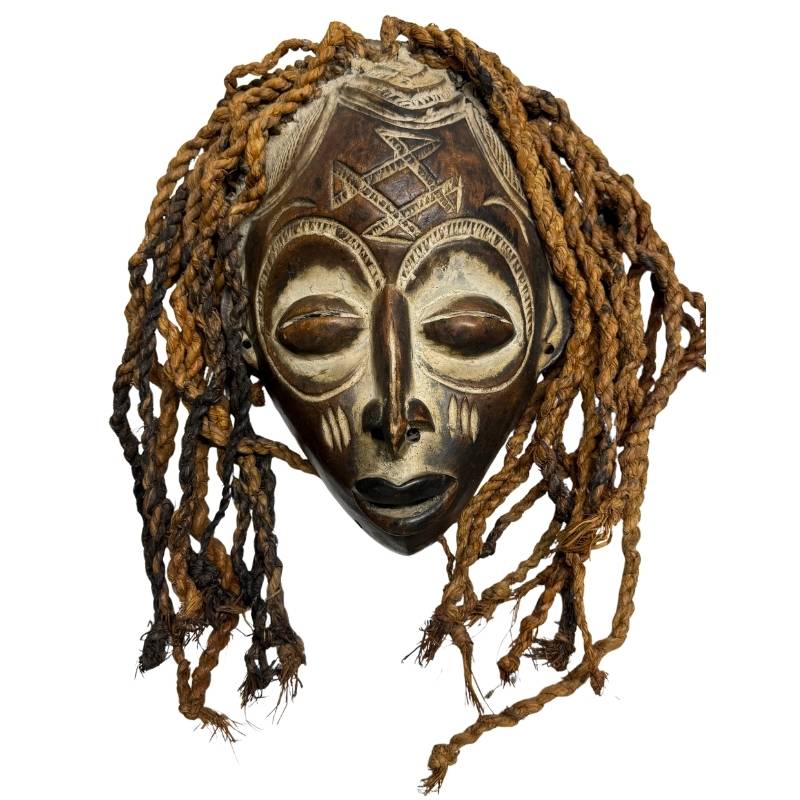 Afrikanische hölzerne Ritualmaske mit durchbrochenem, hohem Kopfschmuck, weißer Kaolinschicht und alter zeremonieller Patina