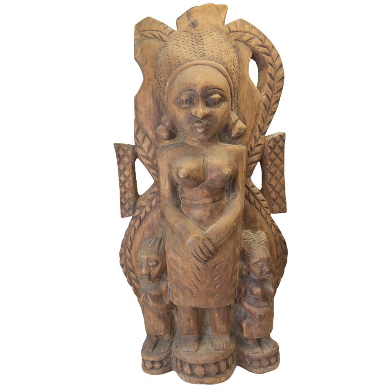 Afrikanische Holzskulptur einer Frau mit Kindern, Stammeskunst