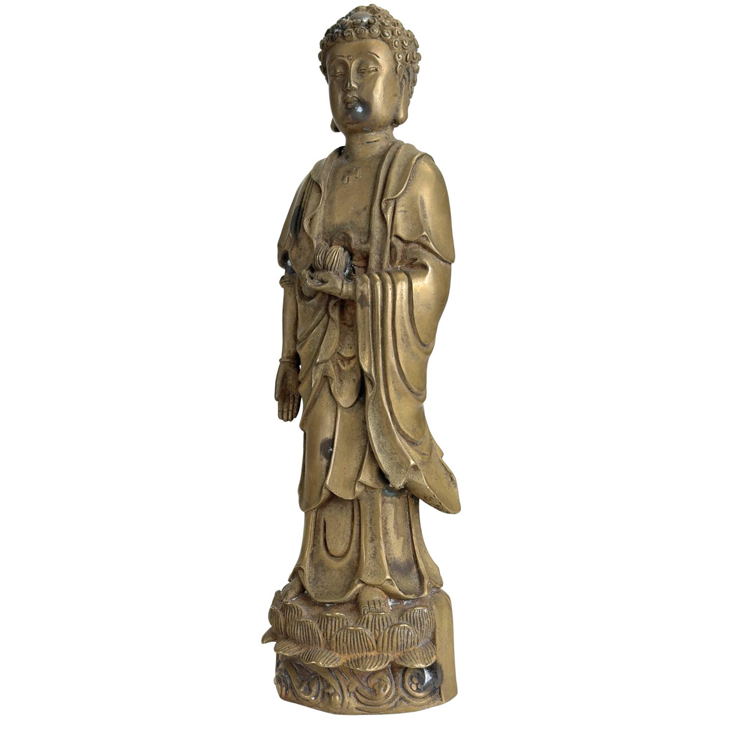 Meditative Bronzestatue des Amitabha-Buddha mit Lotusknospe, geeignet für einen Altar oder einen ruhigen Ort im Innenbereich