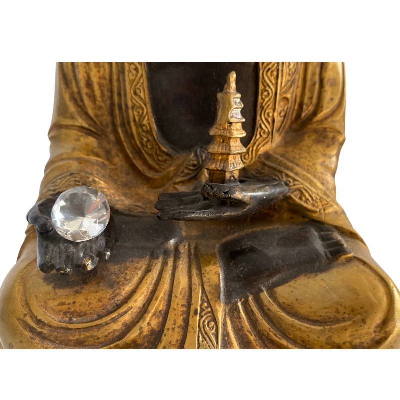 Amitabha-Buddha aus Bronze mit alter Patina und rituellen Elementen