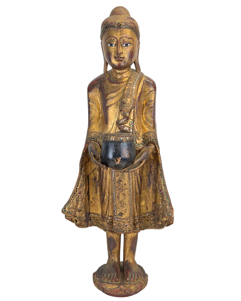 Antike burmesische stehende Buddha-Statue aus dem 19. Jahrhundert – vergoldetes Holz mit Almosenschale (77 cm)