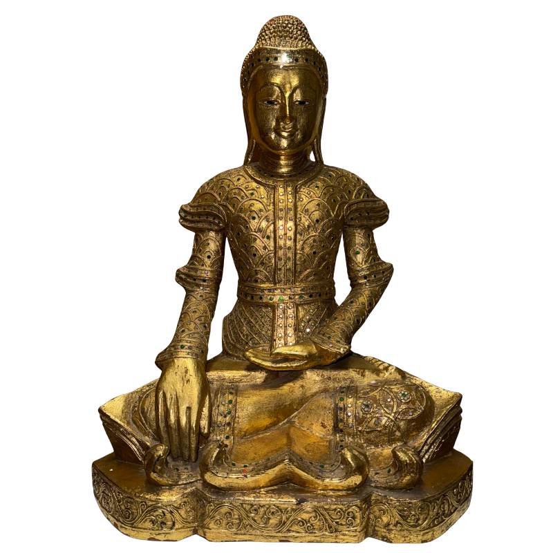 Antike burmesische Mandalay-Buddha-Statue aus vergoldetem Holz mit Glasverzierungen aus Myanmar