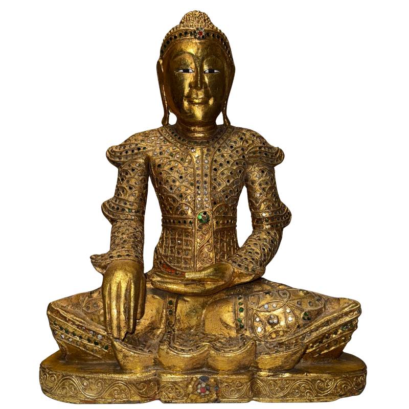 Antike birmanische Mandalay‑Statue aus vergoldetem Holz mit Glasdekoration aus Myanmar