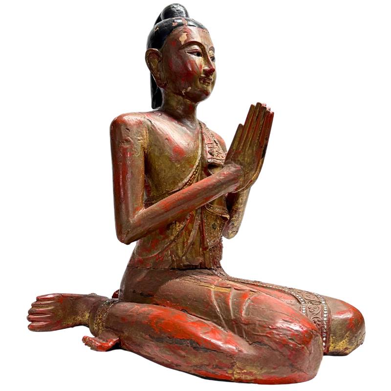 Antike burmesische Mönchsstatue aus Holz mit Lackierung