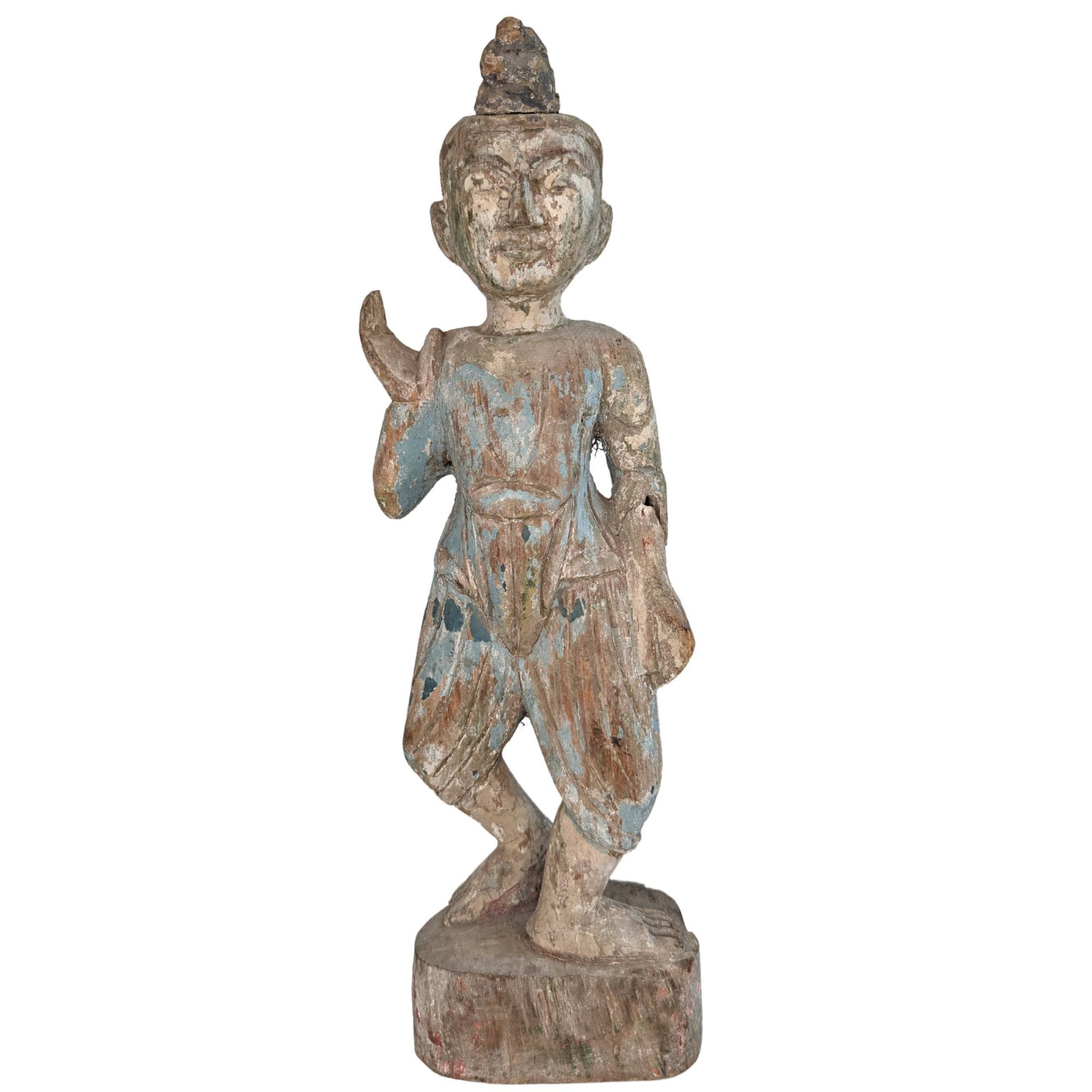 Antike burmesische Holzstatue, 34 cm hoch, aus dem 19. Jahrhundert.