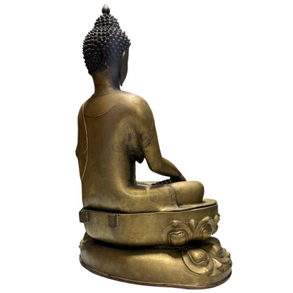 Antike Himalaya‑Buddha‑Statue aus Bronze mit Resten der Feuervergoldung