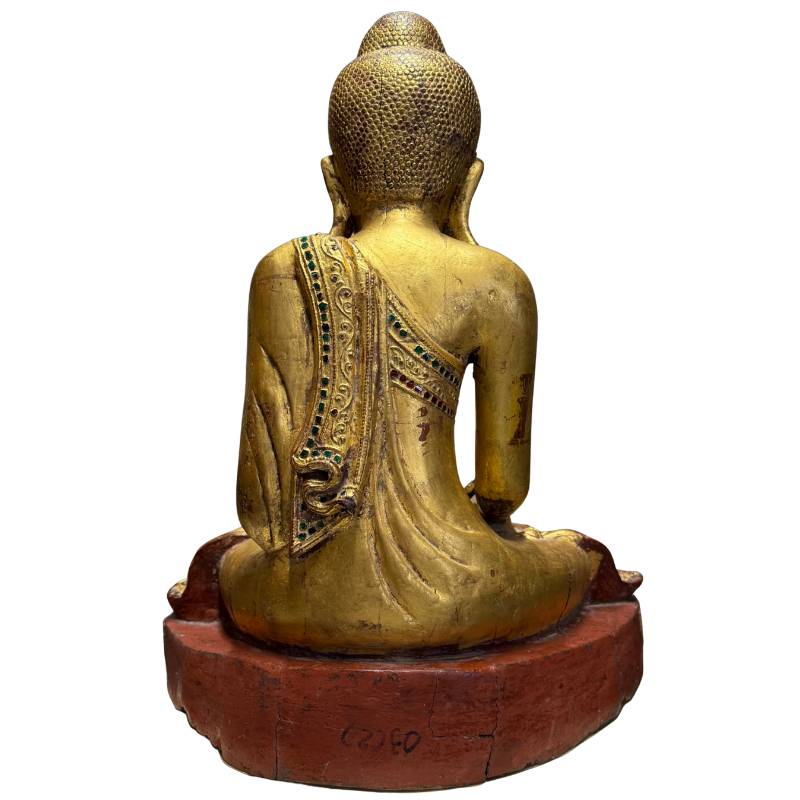 Antike Buddha-Statue mit roter Lackunterlegung, Vergoldung und natürlichen Gebrauchsspuren
