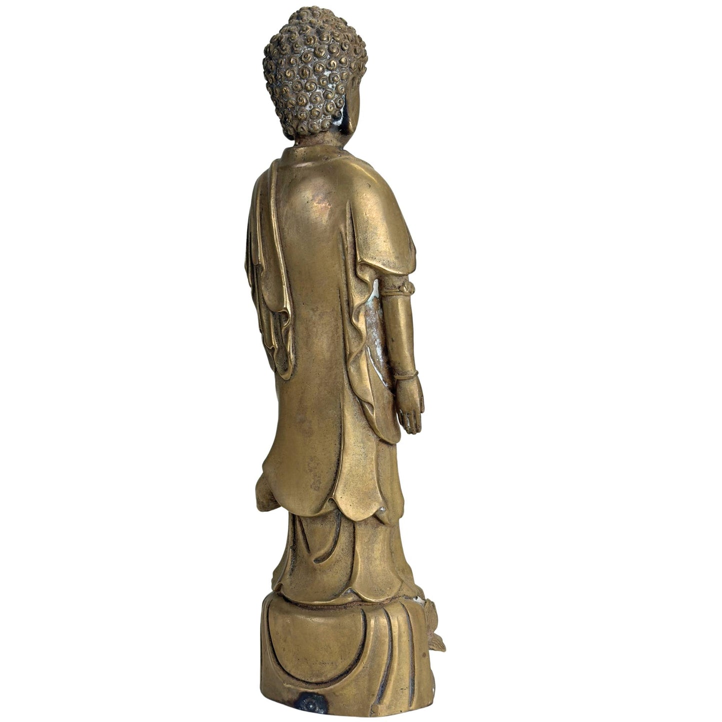 Antike Buddha-Statue aus Bronze mit goldbrauner Patina und Merkmalen im Qing-Stil