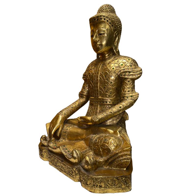 Antike Buddha-Statue aus Myanmar mit vergoldetem Gewand und klassischer, die Erde berührender Pose