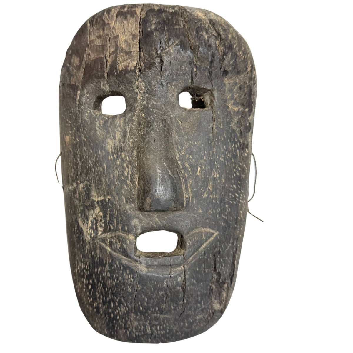 Antike breite Himalaya Schamanenmaske, handgeschnitzte rituelle Maske von 26 cm mit tiefer dunkler Patina
