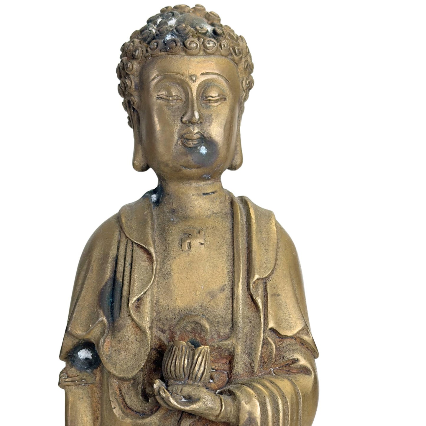 Antike Buddha-Statue aus Bronze mit alten Oxidationsspuren, Lotussockel und warmer goldbrauner Patina