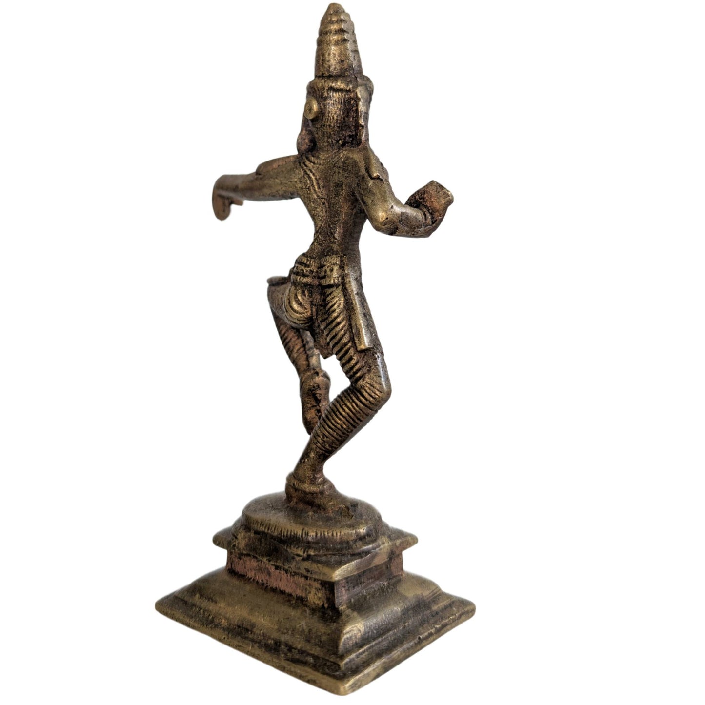 Rückseite der indischen Bronzefigur mit goldbrauner Patina.