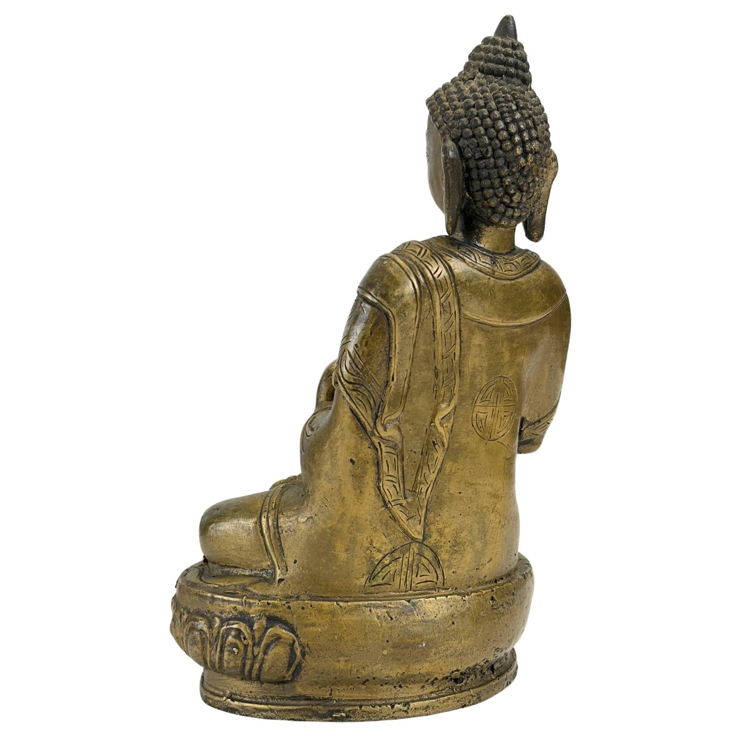 Profilansicht der Rückseite des heiligen mongolischen Bronzegusses mit einem historischen, sanften Glanz an den Schultern.