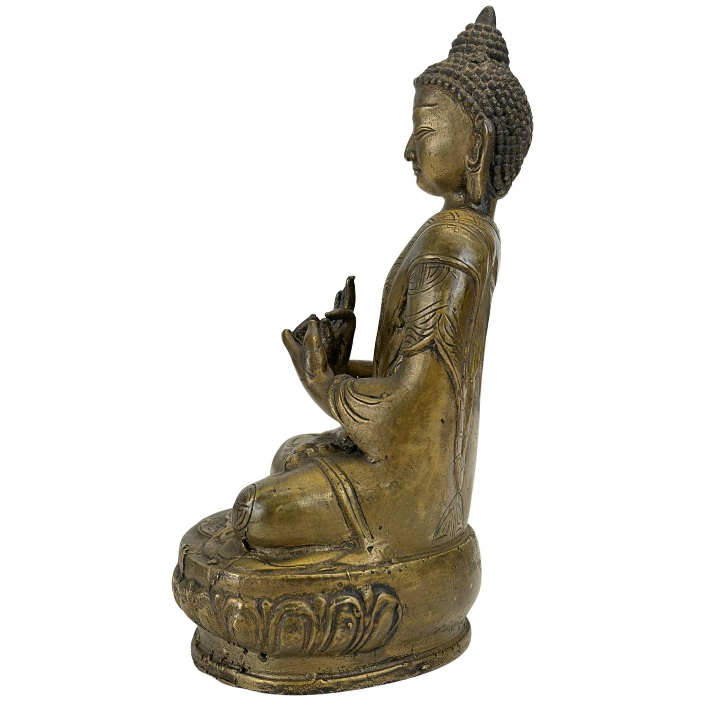 Seitenansicht des Buddha in Dhyasana-Pose mit einer Darstellung des vorindustriellen Wachsausschmelzverfahrens.