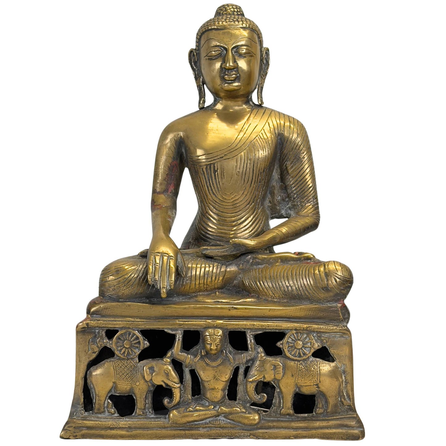 Antike Buddha-Statue aus Bronze in Bhumisparsha-Mudra auf einem einzigartigen, durchbrochenen Elefantensockel