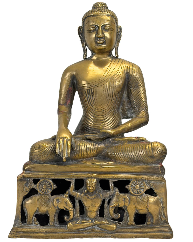 Antiker bronzener Buddha mit durchbrochenem Elefantensockel 34cm
