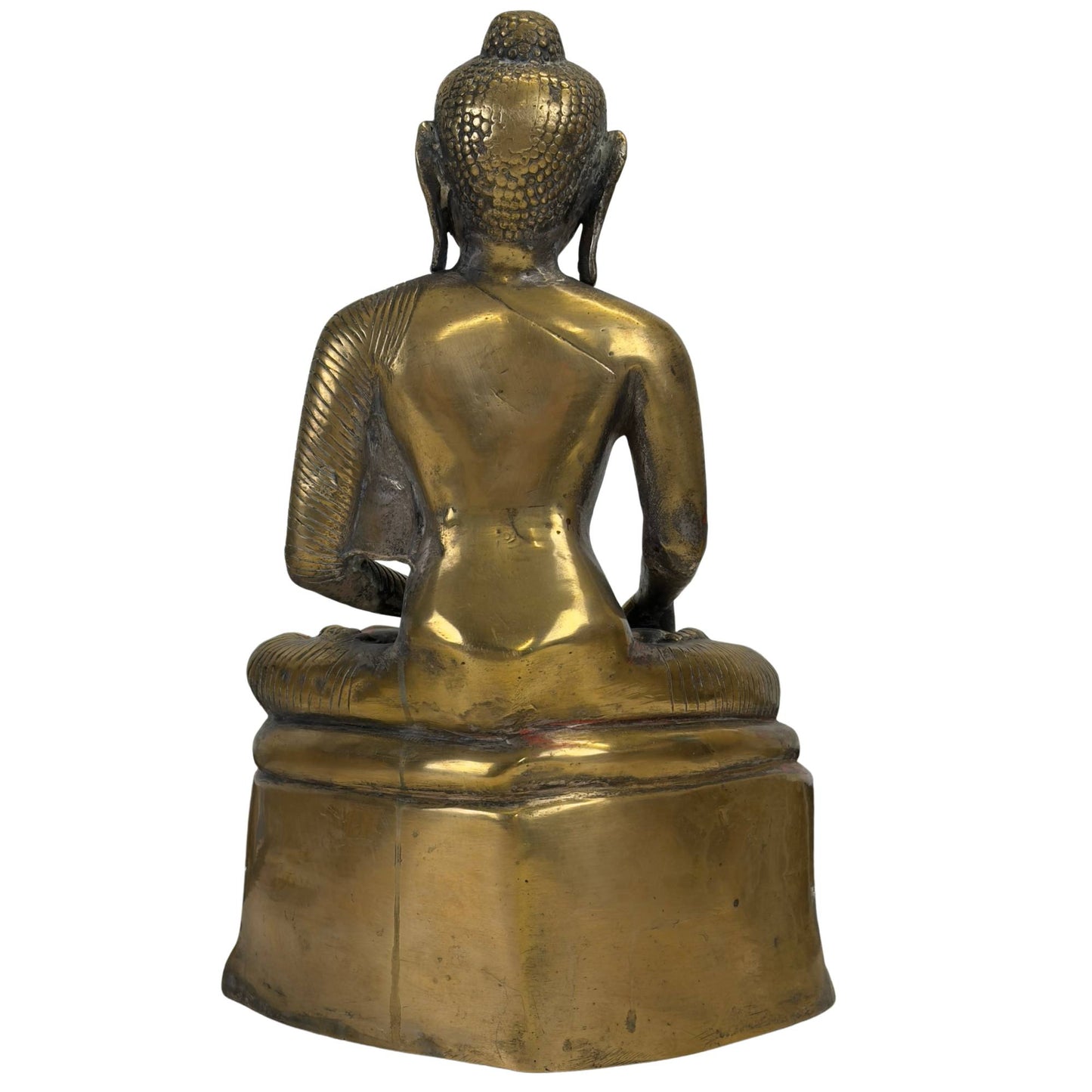 Vollständige Rückansicht der handgefertigten, heiligen Bronzestatue mit authentischen Gusslinien