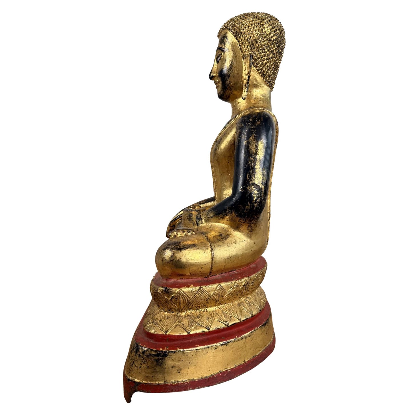 Antike Buddha-Statue aus Bronze mit eingelegten Augen, goldfarbener Feuervergoldung und einem gelassenen Gesichtsausdruck