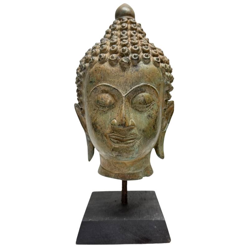 Antiker Buddha-Kopf aus Bronze aus dem 19. Jahrhundert mit natürlicher Patina