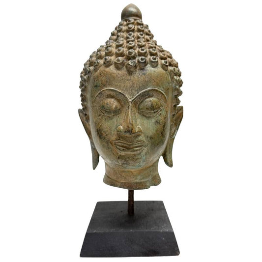 Antiker Buddha-Kopf aus Bronze aus dem 19. Jahrhundert mit natürlicher Patina