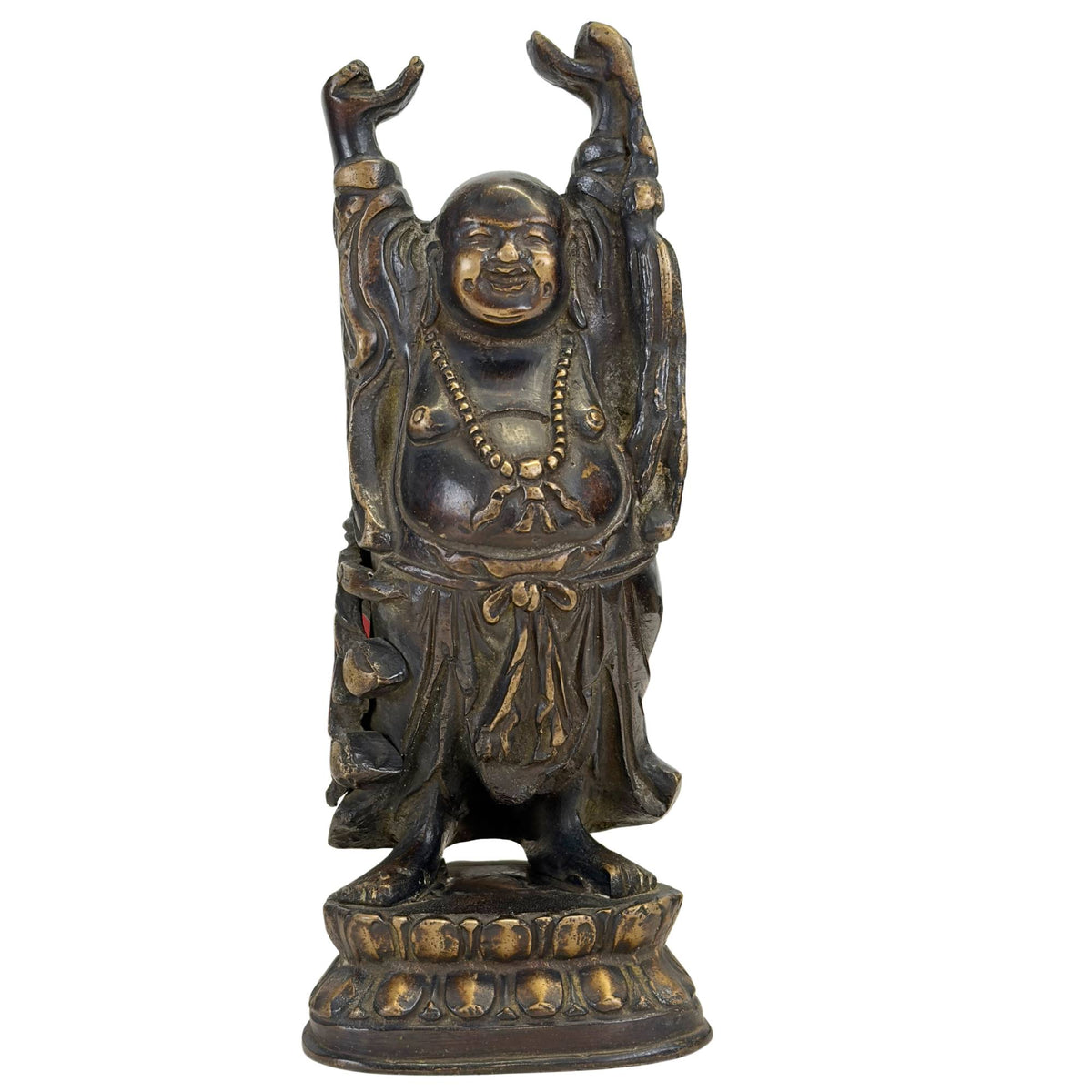 Antike bronzene Budai‑Buddha‑Statue aus der späten Qing‑Dynastie in stehender Wohlstandshaltung
