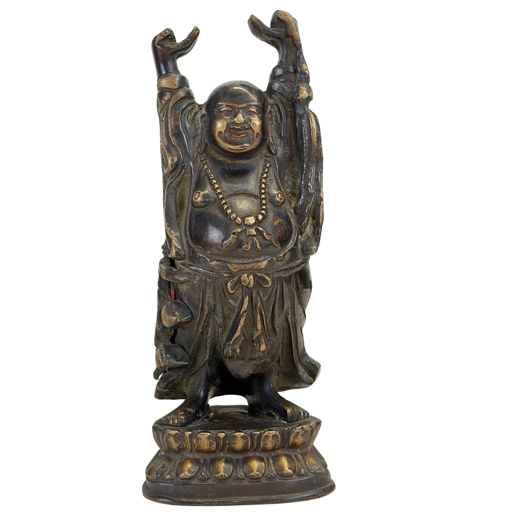 Antike Budai-Buddha-Statue aus Bronze aus der späten Qing-Dynastie in stehender Wohlstandspose