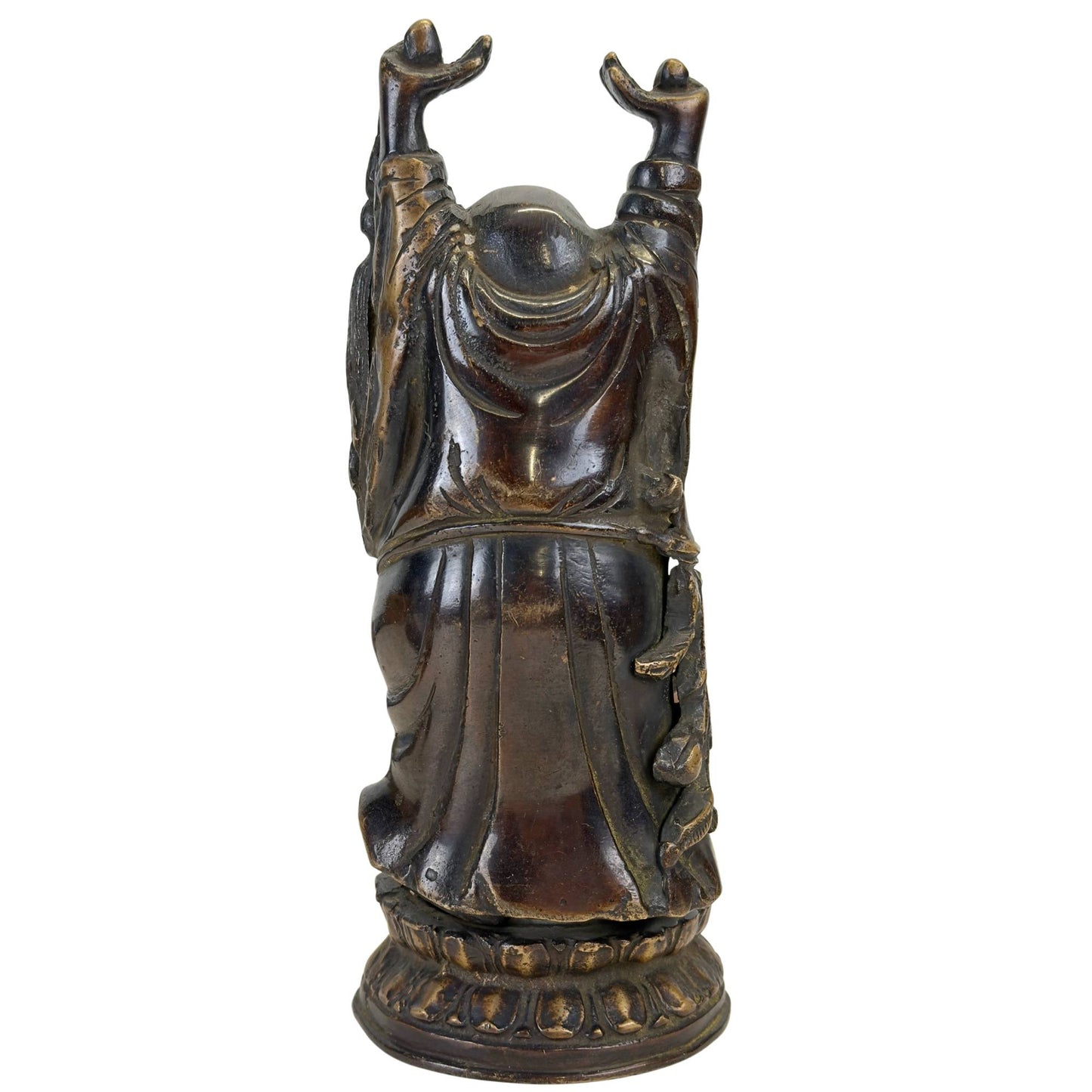 Rückansicht der antiken chinesischen Budai-Bronzestatue mit dunkler Cuprit-Patina