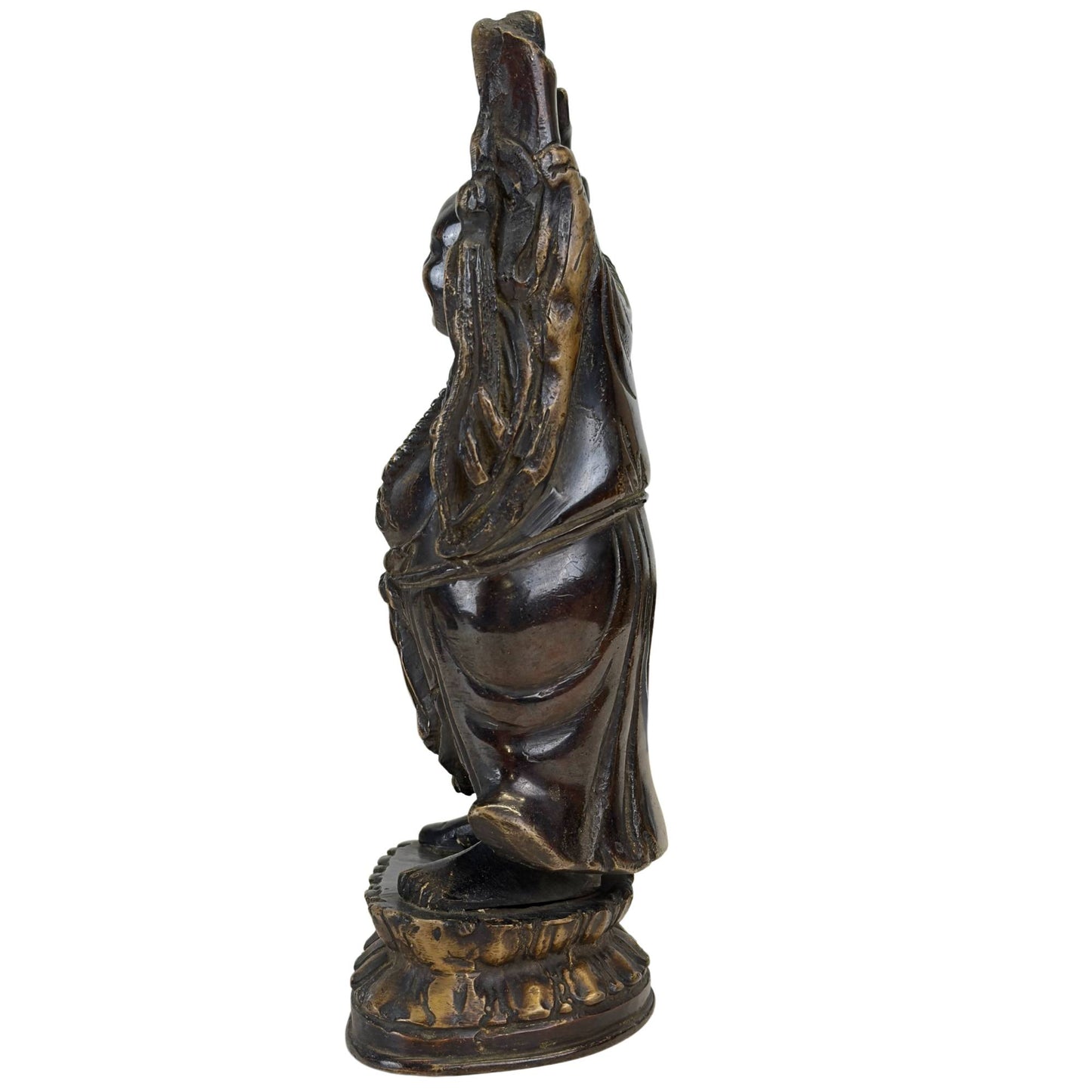 Seitenansicht des vorindustriellen Budai-Bronzegusses mit authentischen Altersspuren