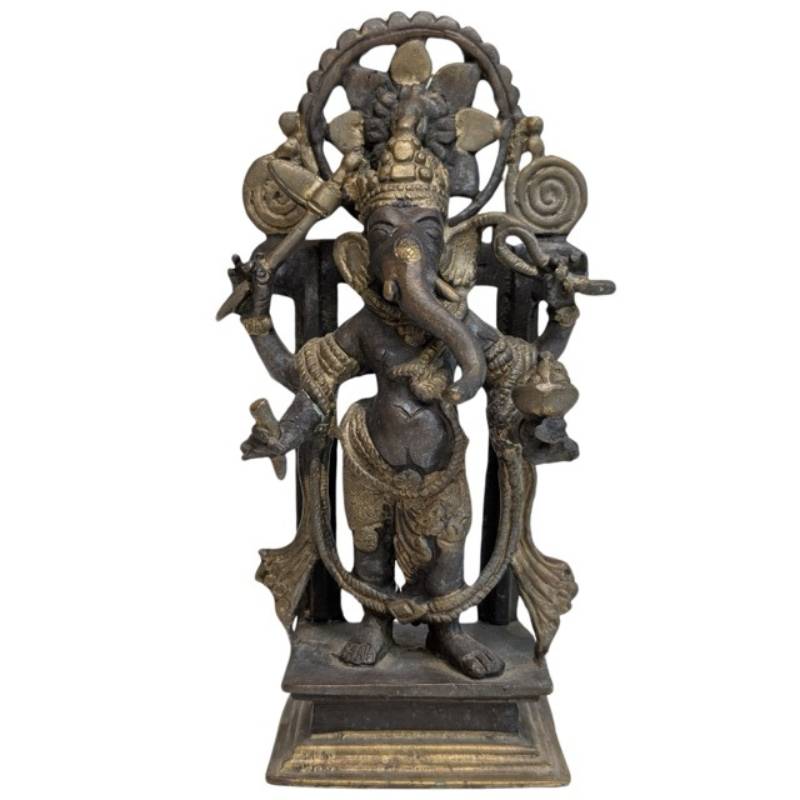 Antike, schwere Ganesha-Statue aus Bronze mit Feuervergoldung, stehend mit Heiligenschein, Himalaya, 18.–19. Jahrhundert