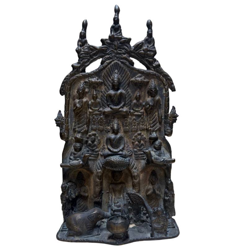 Antikes bronzenes Mucalinda-Buddha-Tempelrelief – Indien/Nepal Himalaya-Stil – ca. 1880–1920 – Symbol für Schutz und spirituellen Rückzugsort - Nepalesische Buddha-Figur