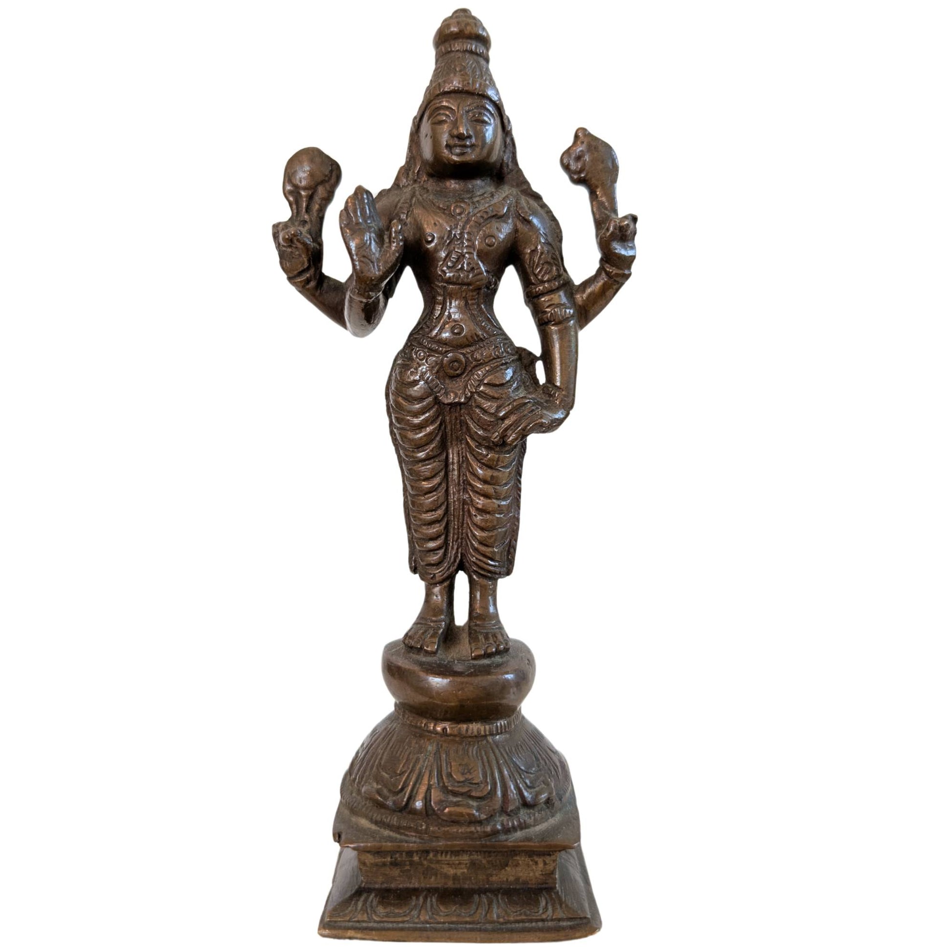 Antike Vishnu-Bronzestatue aus Südindien, ca. 1920, Vorderansicht.