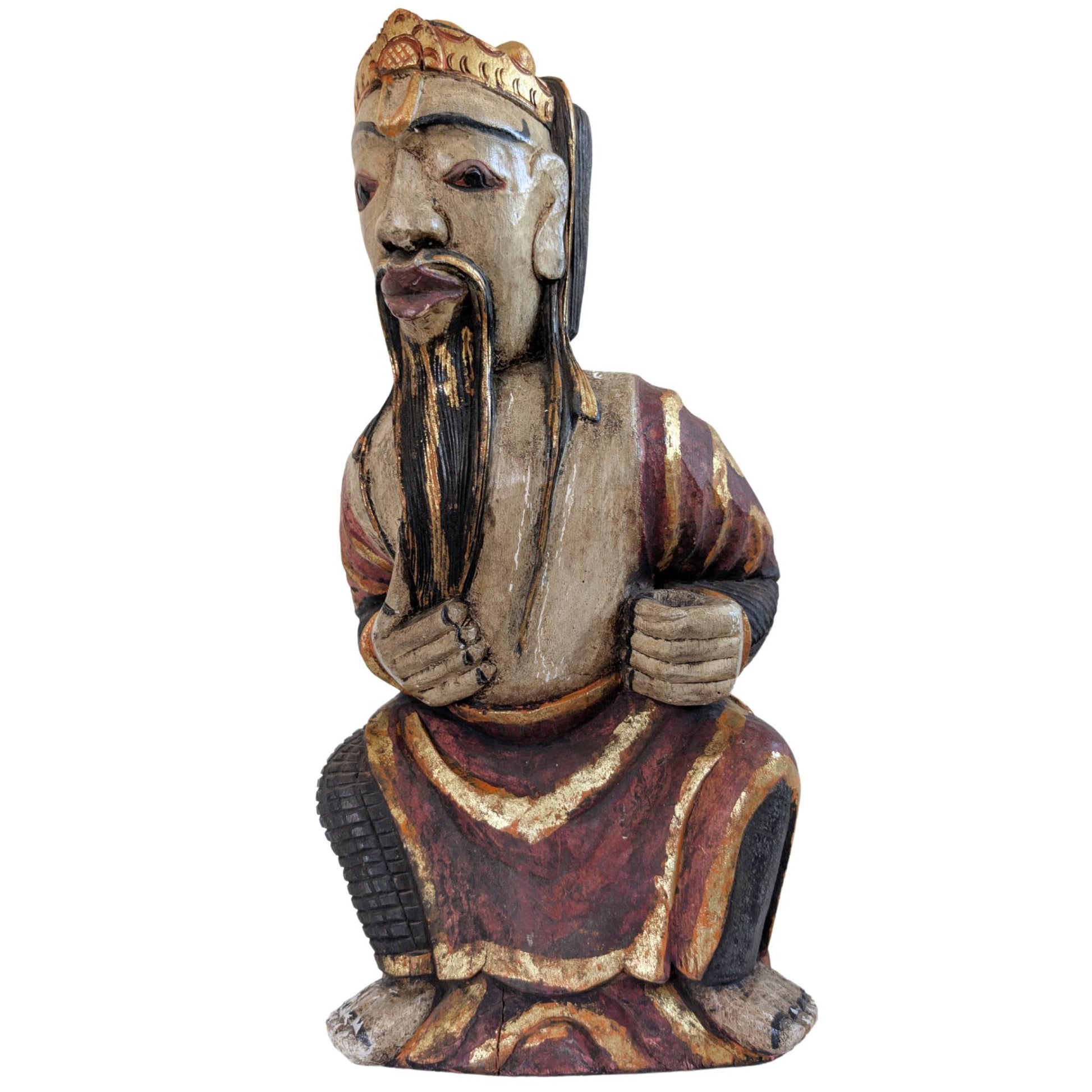 Vorderansicht einer chinesischen Tempelstatue aus dem 19. Jahrhundert, die den Gott Lu, den Bringer des Glücks, darstellt.