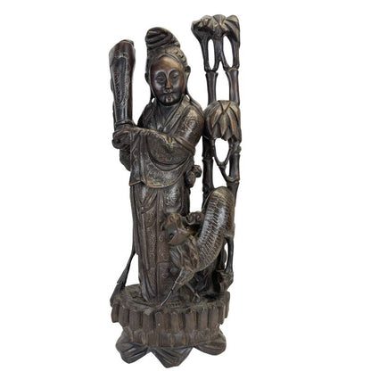 Antike chinesische Holzskulptur von Magu mit detaillierter Silberverzierung, 19. Jahrhundert.