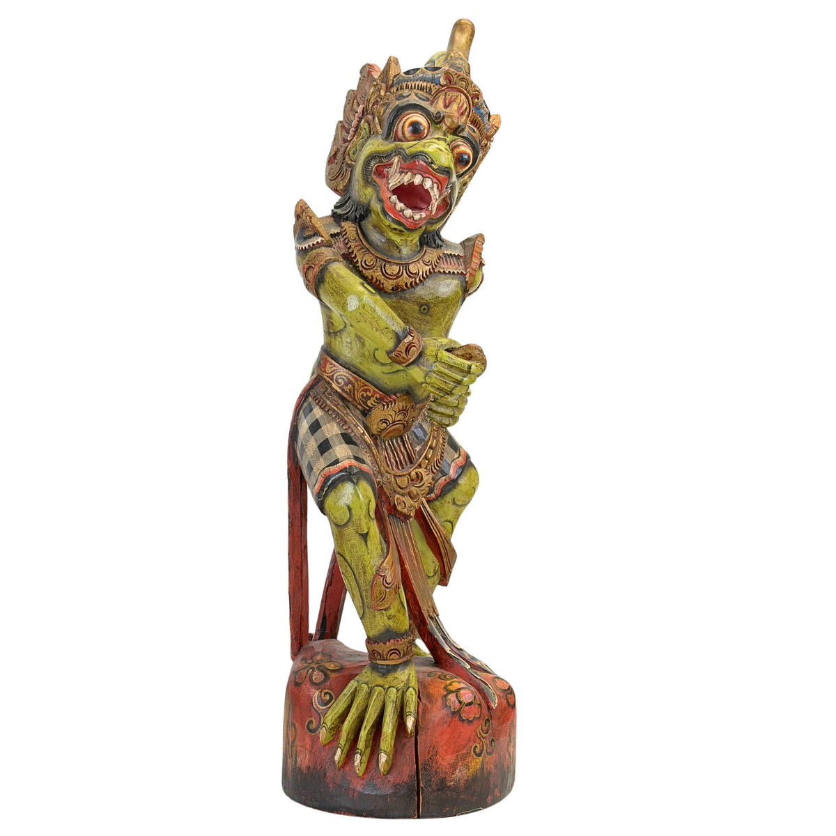 Handgefertigter Holzkeris‑Träger mit leuchtenden Dwarapala‑Gesichtern und authentischen Prada‑Blattgold‑Resten.